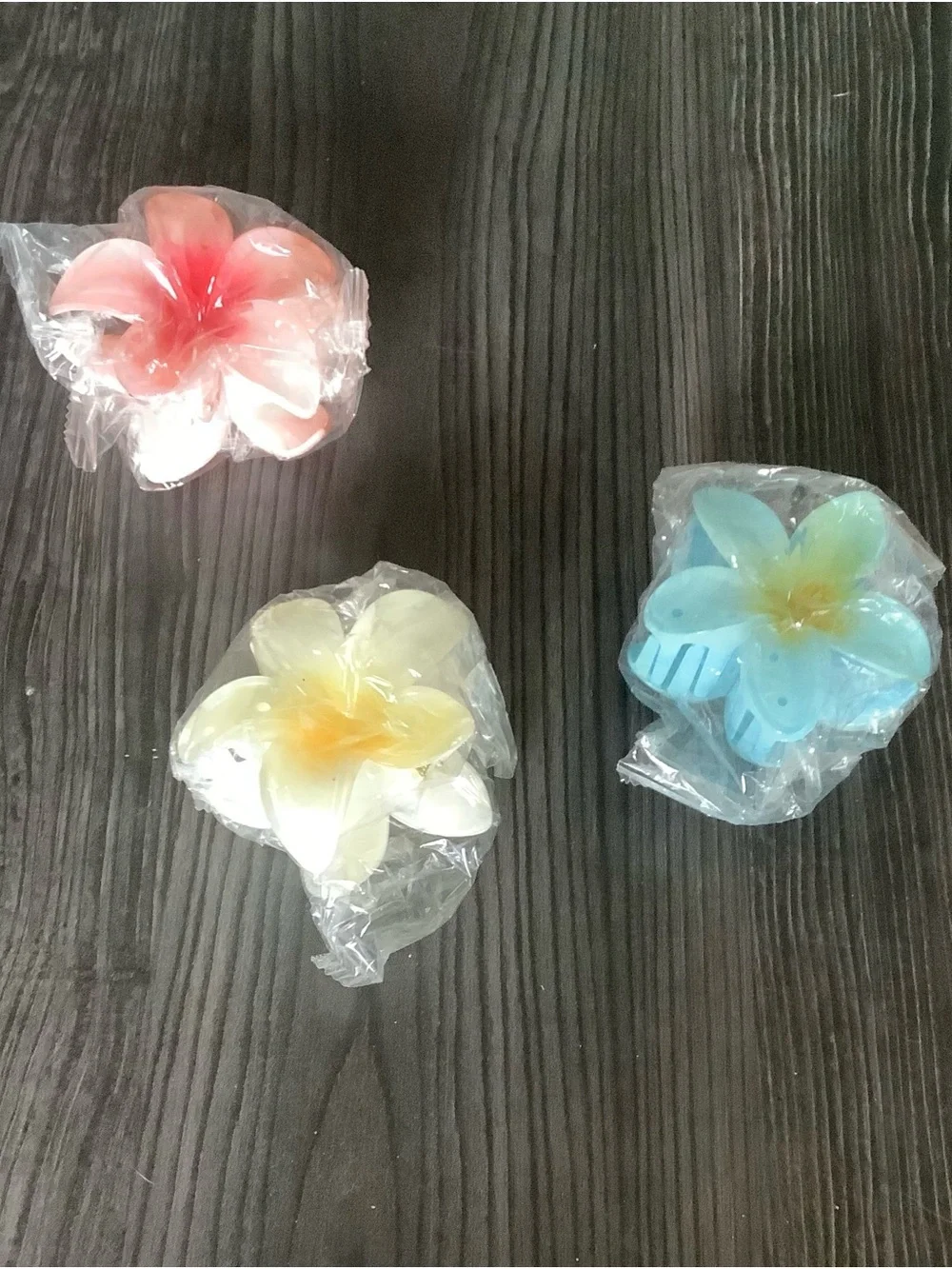 Set of 3 Large Tropical Flower Claw Clips Pink Blue Ivory